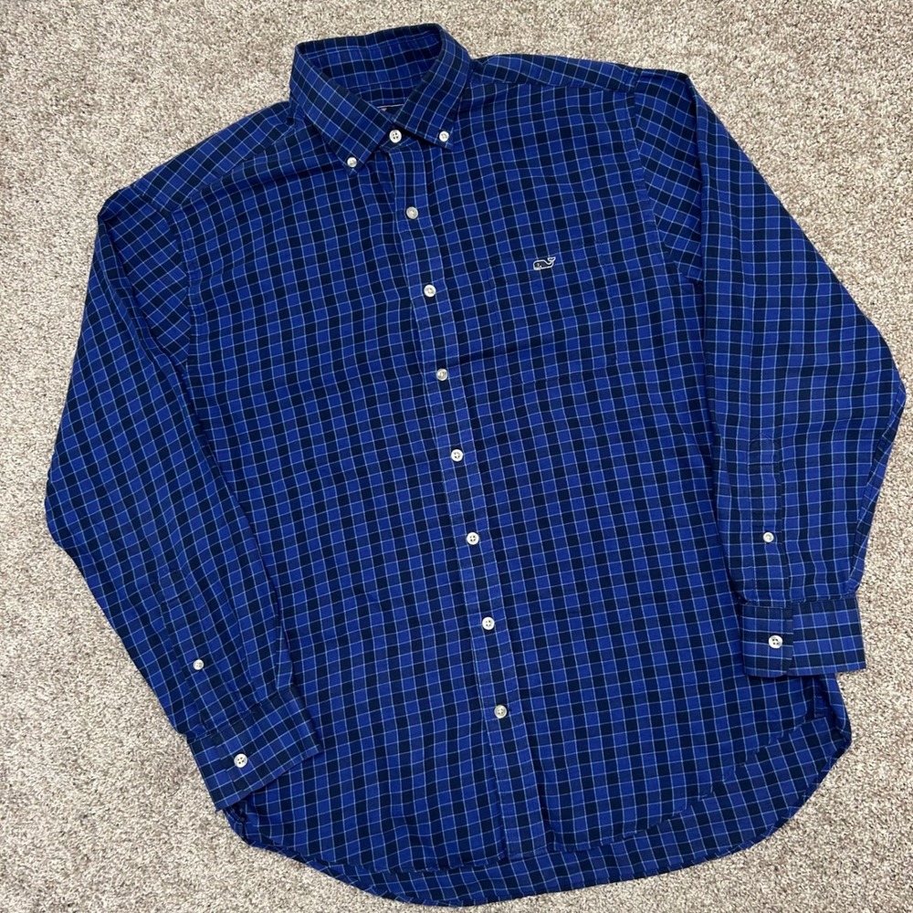 Vineyard Vines Tucker Shirt Classic Fit Plaid Men Size Large Linen Blend‎ Blue